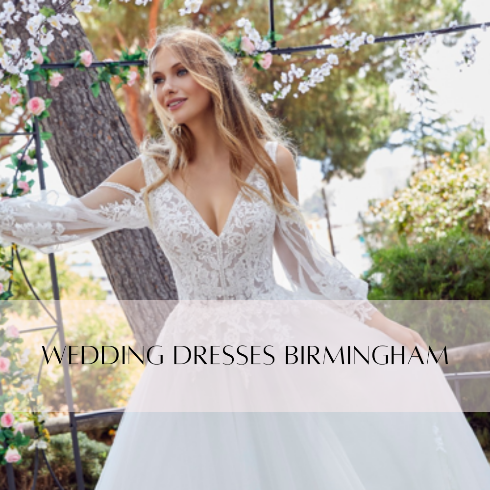Bridal photoshoot outside by trees showing one of the wedding dresses Birmingham-based TDR loves, a modern princess ballgown with detachable sleeves 